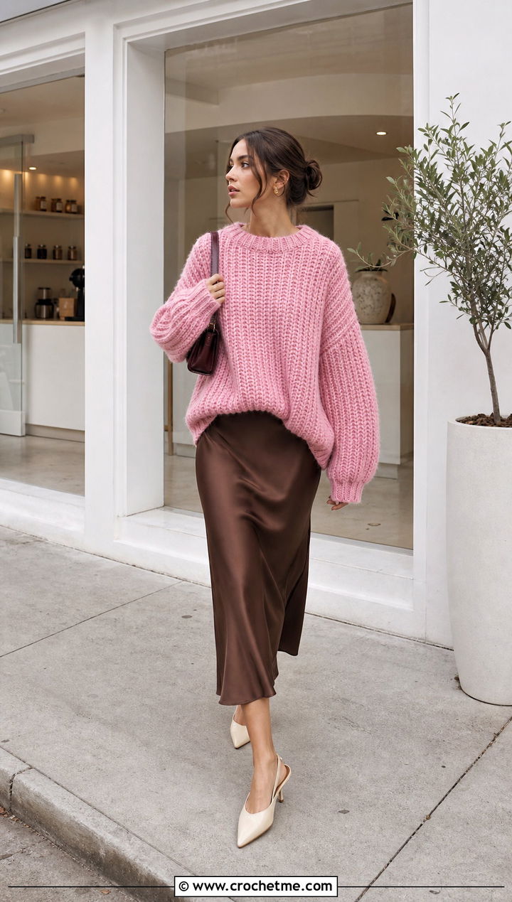Oversized Crochet Ribbed Sweater With Satin Midi Skirt - 35 crochet ribbed sweater outfit ideas