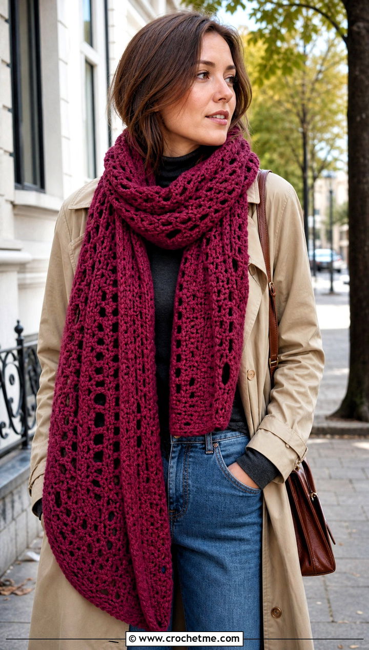 Oversized Crochet Road Trip Scarf With Trench Coat - 15 Crochet Road Trip Scarf outfit ideas