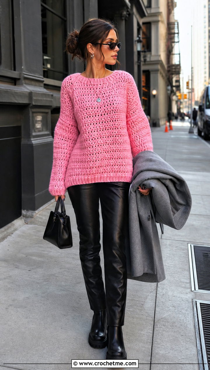 Oversized Crochet Rory Gilmore Sweater With Leather Pants - 25 crochet rory gilmore sweater outfit ideas