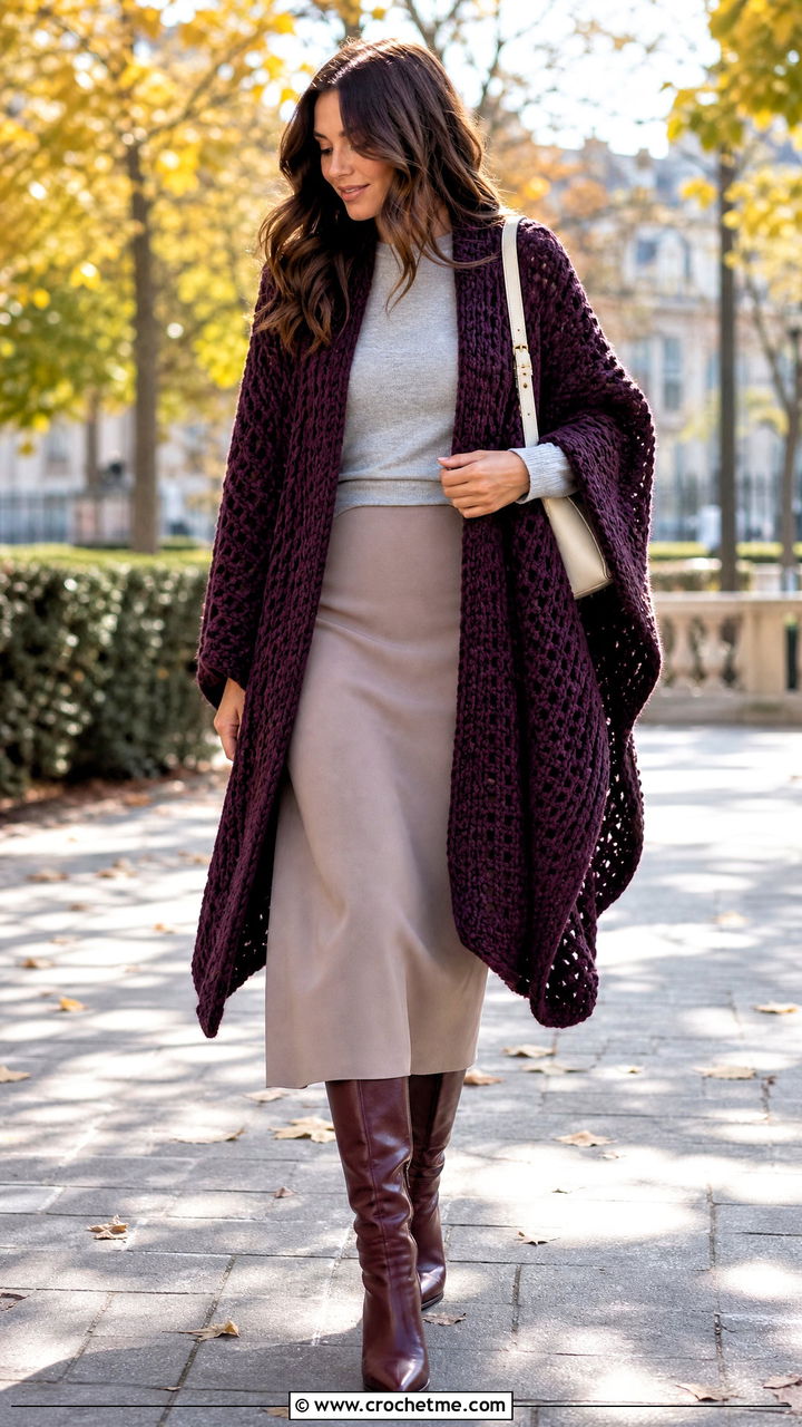 Oversized Crochet Ruana With Midi Skirt - 35 crochet ruana outfit ideas