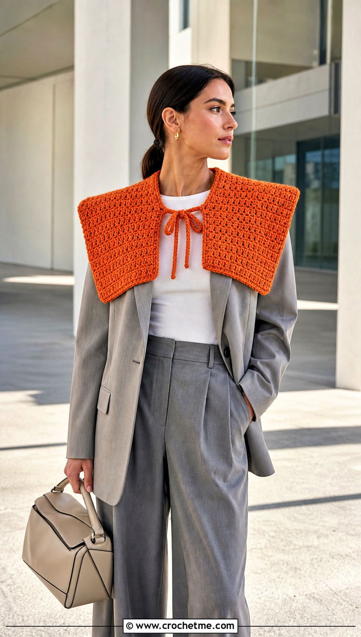Oversized Crochet Sailor Collar With Blazer And Wide Leg Trousers - 30 crochet sailor collar outfit ideas