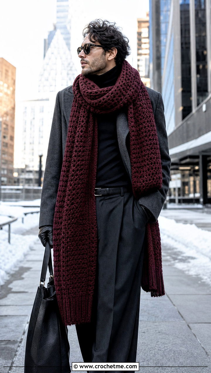 Oversized Crochet Scarf With Long Coat - 30 male crochet scarf outfit ideas