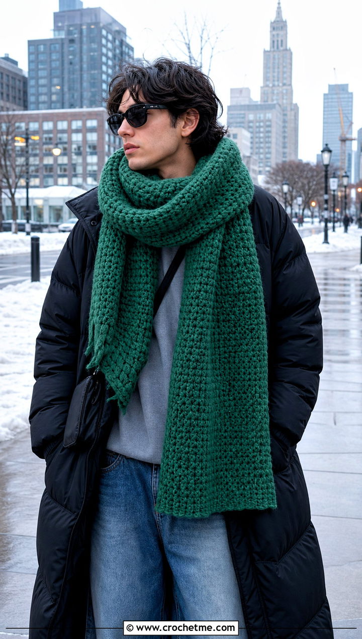 Oversized Crochet Scarf With Long Puffer Coat - 20 Mens Winter Crochet Scarf outfit ideas
