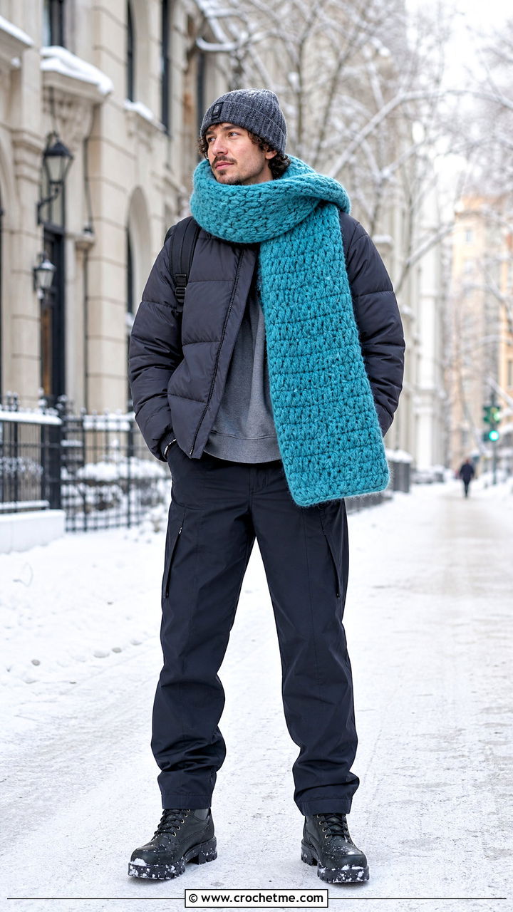 Oversized Crochet Scarf With Puffer Jacket - 35 men's crochet scarf outfit ideas
