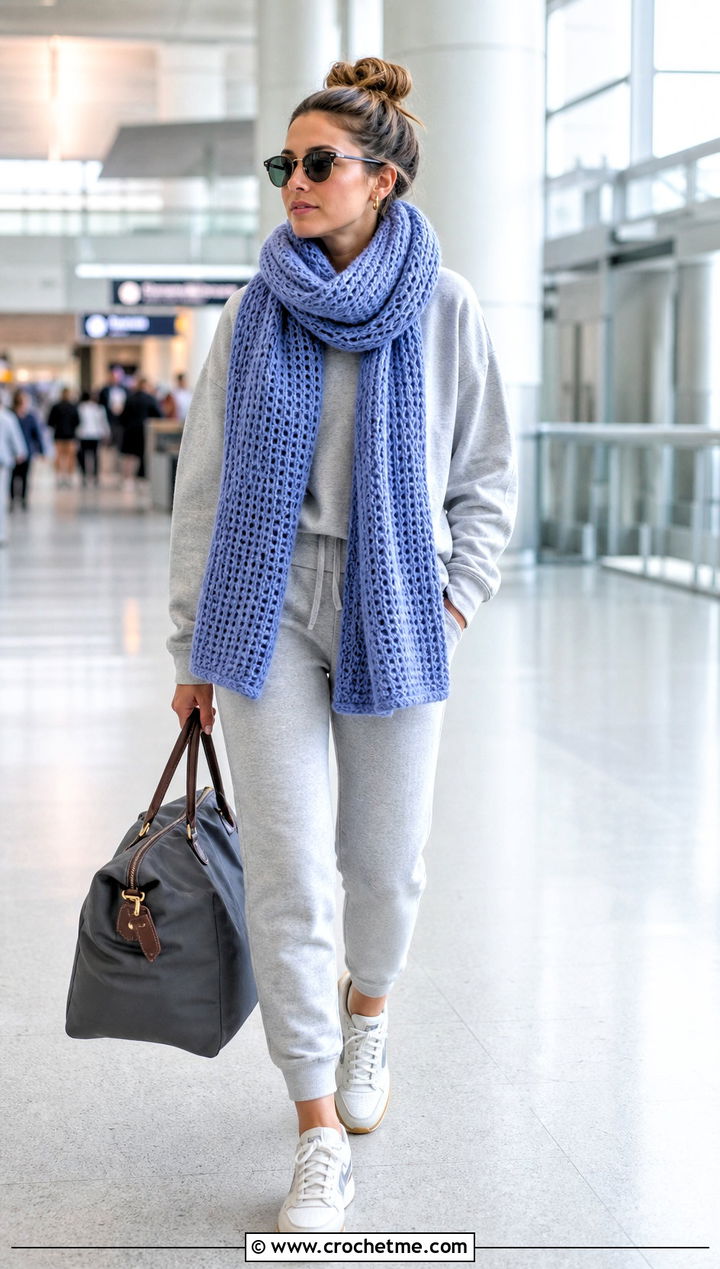 Oversized Crochet Scarf With Sweatsuit - 35 cute crochet scarf outfit ideas