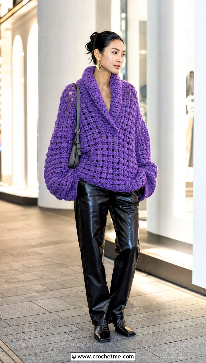 Oversized Crochet Shawl Collar Sweater With Leather Pants - 20 Crochet Shawl Collar Sweater outfit ideas