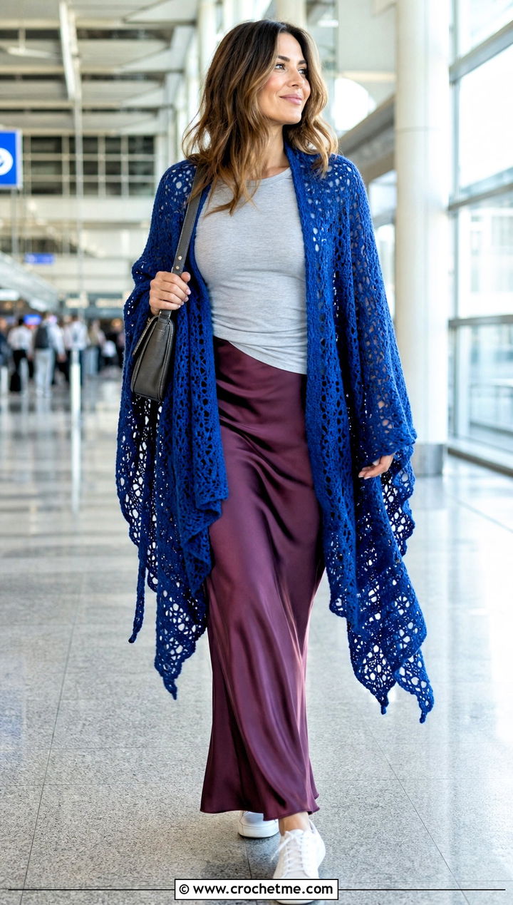 Oversized Crochet Shawl With Slip Skirt And Sneakers - 25 Stevie Nicks Crochet Shawl outfit ideas