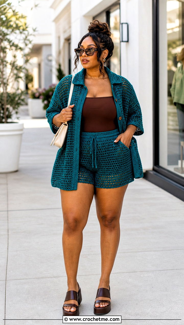 Oversized Crochet Shirt And Shorts Set With Bodysuit - 15 Crochet Shirt And Shorts Set outfit ideas