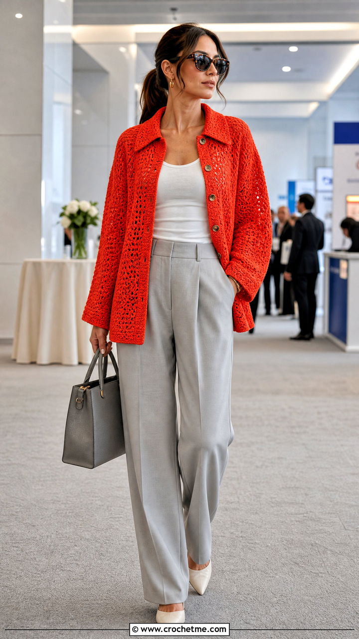 Oversized Crochet Shirt Cardigan With Matching Trousers - 35 oversized crochet cardigan outfit ideas