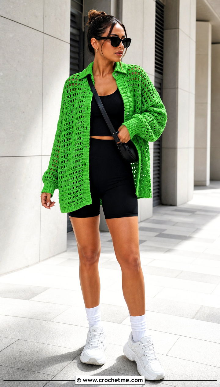 Oversized Crochet Shirt With Bike Shorts - 30 easy crochet shirt outfit ideas