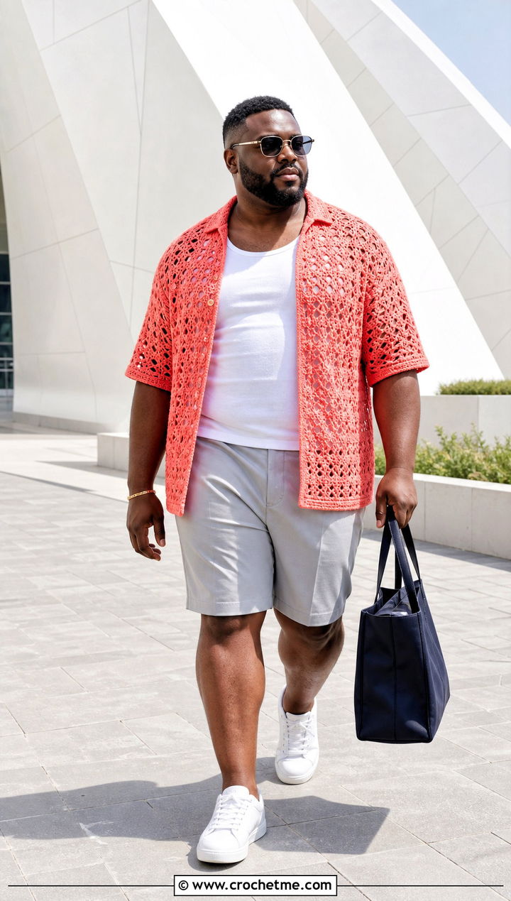 Oversized Crochet Shirt With Tailored Shorts - 15 men's crochet top outfit ideas