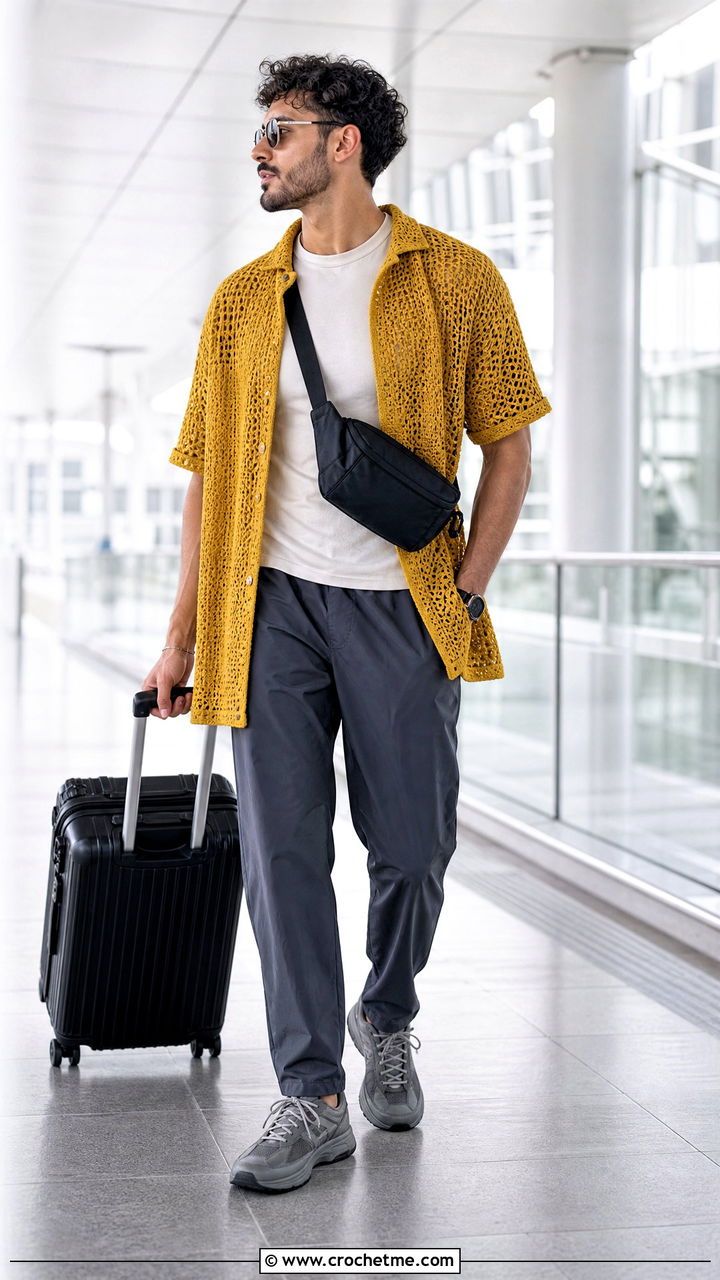 Oversized Crochet Shirt With Technical Pants - 35 mens crochet shirt outfit ideas