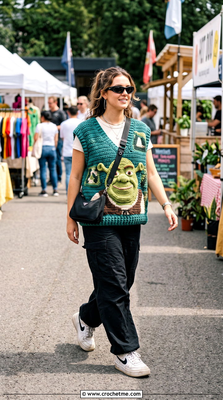 Oversized Crochet Shrek Vest With Cargo Pants - 15 Crochet Shrek Vest outfit ideas