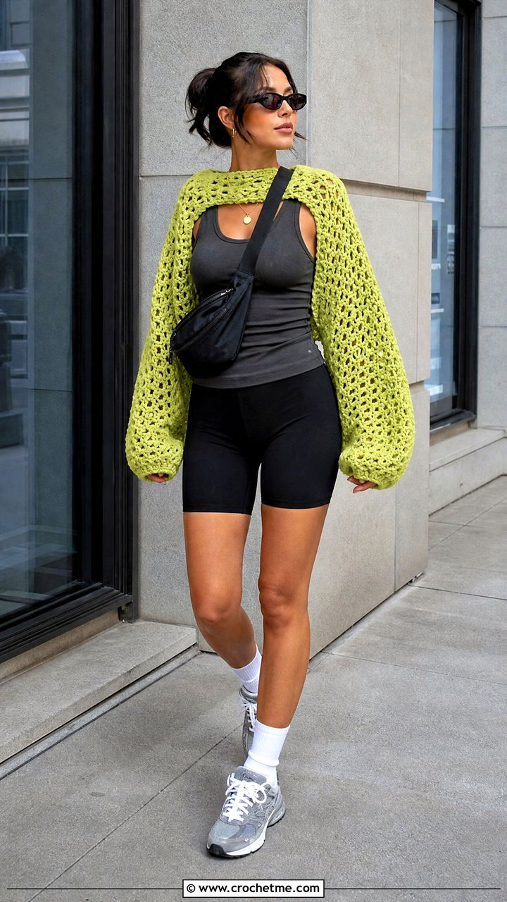 Oversized Crochet Shrug With Bike Shorts and Chunky Sneakers - 35 crochet shrugs outfit ideas