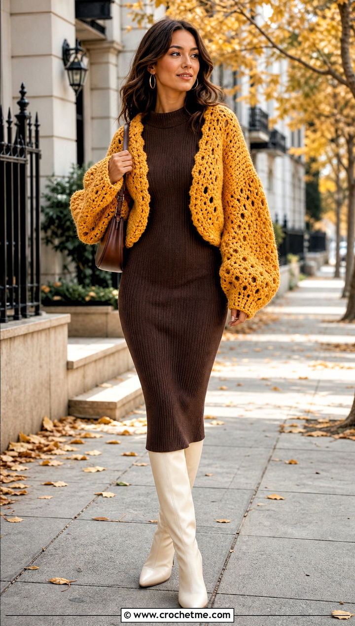 Oversized Crochet Shrug With Bodycon Midi Dress - 25 Mini Crochet Sweater outfit ideas