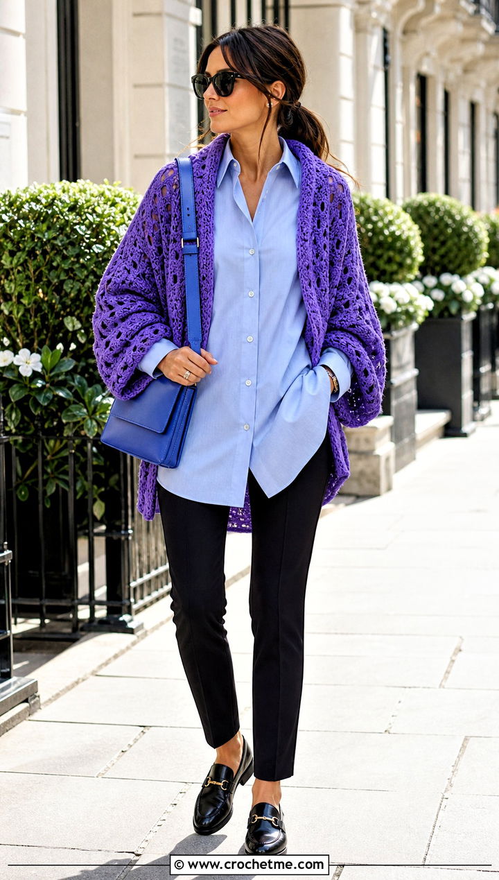 Oversized Crochet Shrug With Button Down Shirt - 30 easy simple crochet shrug outfit ideas