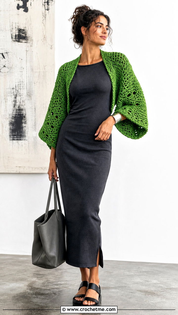 Oversized Crochet Shrug With Column Dress - 25 simple crochet shrug outfit ideas