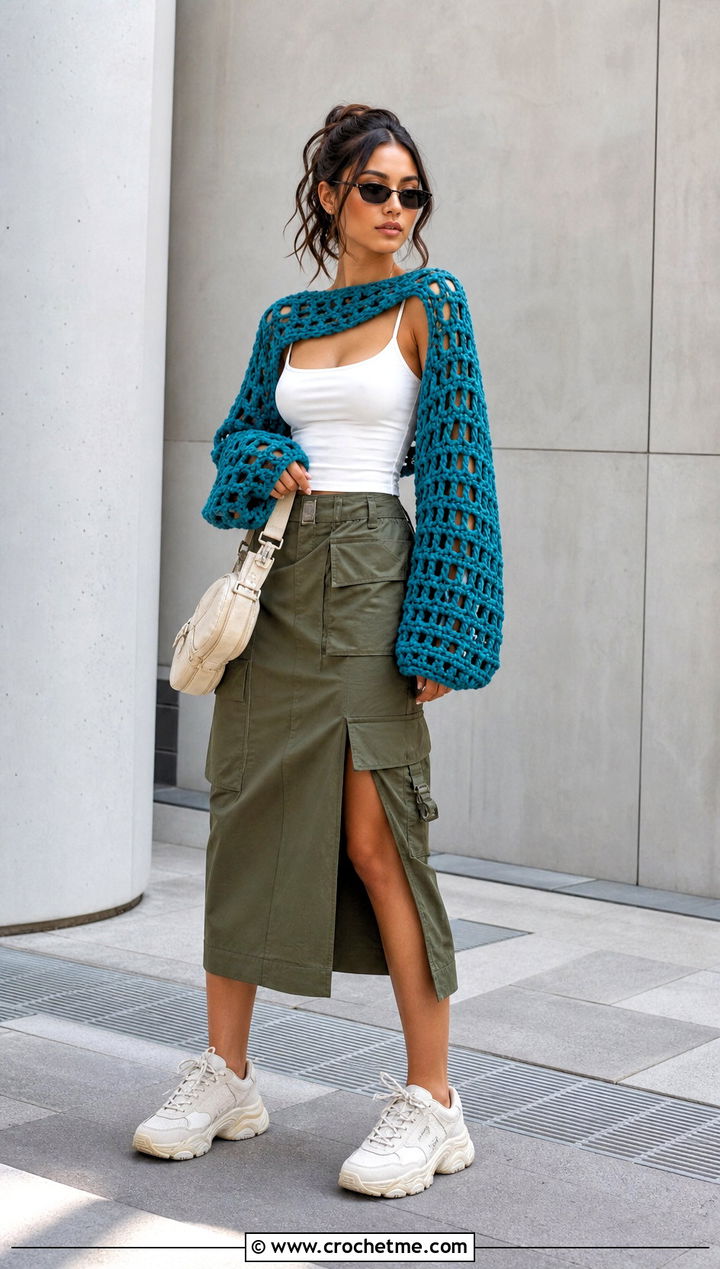 Oversized Crochet Shrug With Slip Tank And Cargo Skirt - 25 Crochet Shrug Sleeves outfit ideas