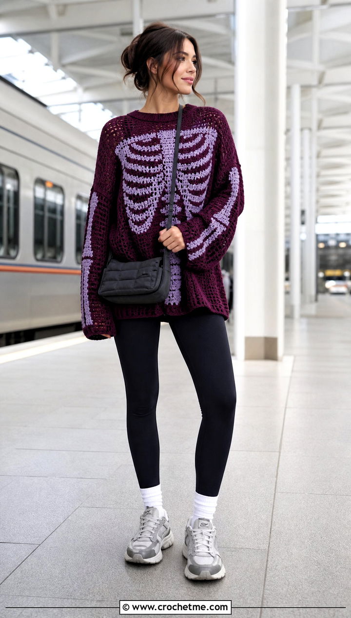 Oversized Crochet Skeleton Sweater Top With Leggings - 35 crochet skeleton top outfit ideas