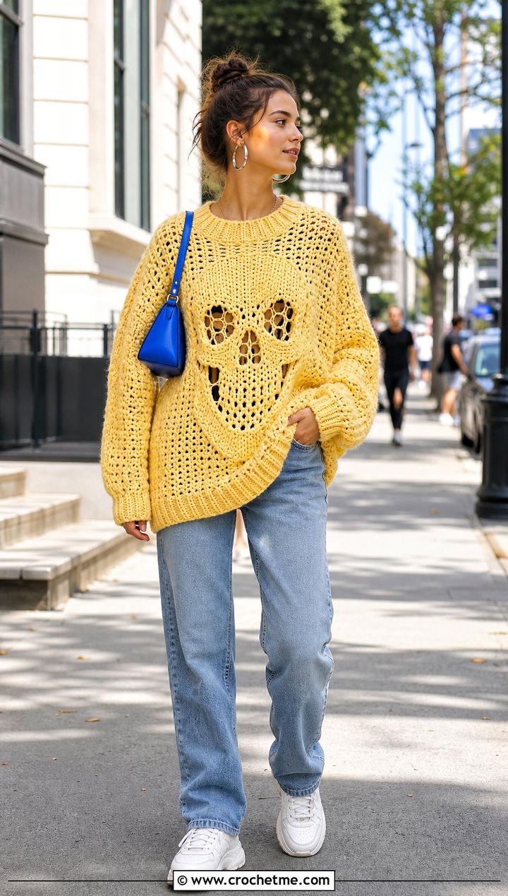 Oversized Crochet Skull Sweater With Straight Leg Jeans - 35 crochet skull sweater outfit ideas