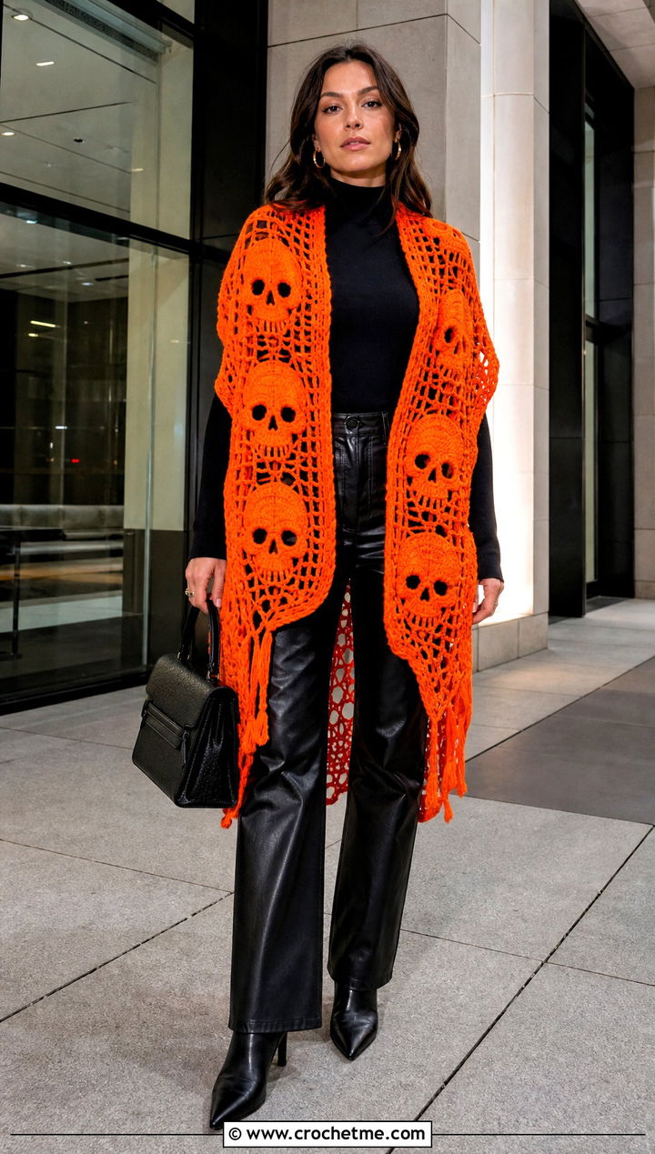 Oversized Crochet Skull Wrap With Leather Pants - 35 crochet skull shawl outfit ideas