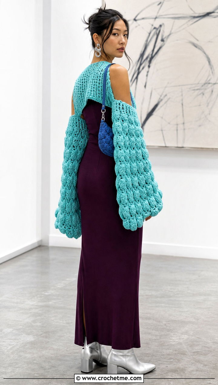 Oversized Crochet Sleeve Shrug With Maxi Dress - 25 Crochet Crop Shrug outfit ideas