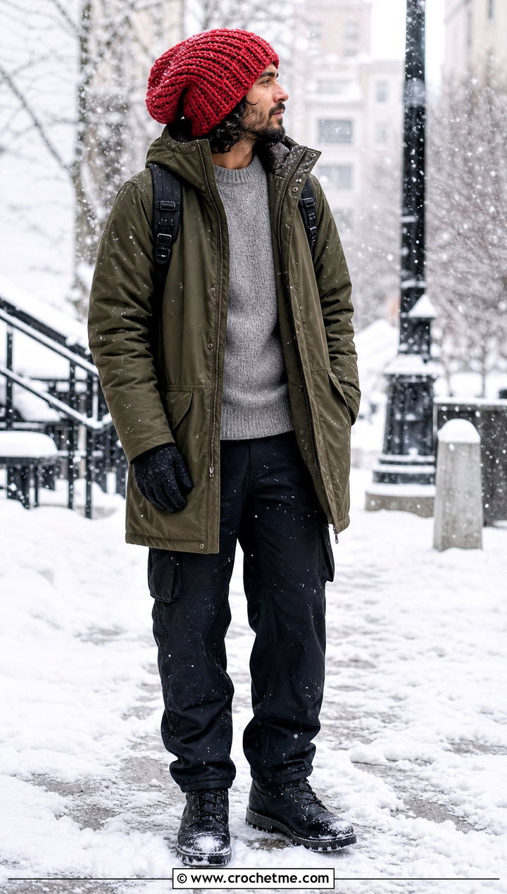 Oversized Crochet Slouchy Beanie With Parka - 35 Crochet Slouchy Hat Mens Slouch Beanie outfit ideas