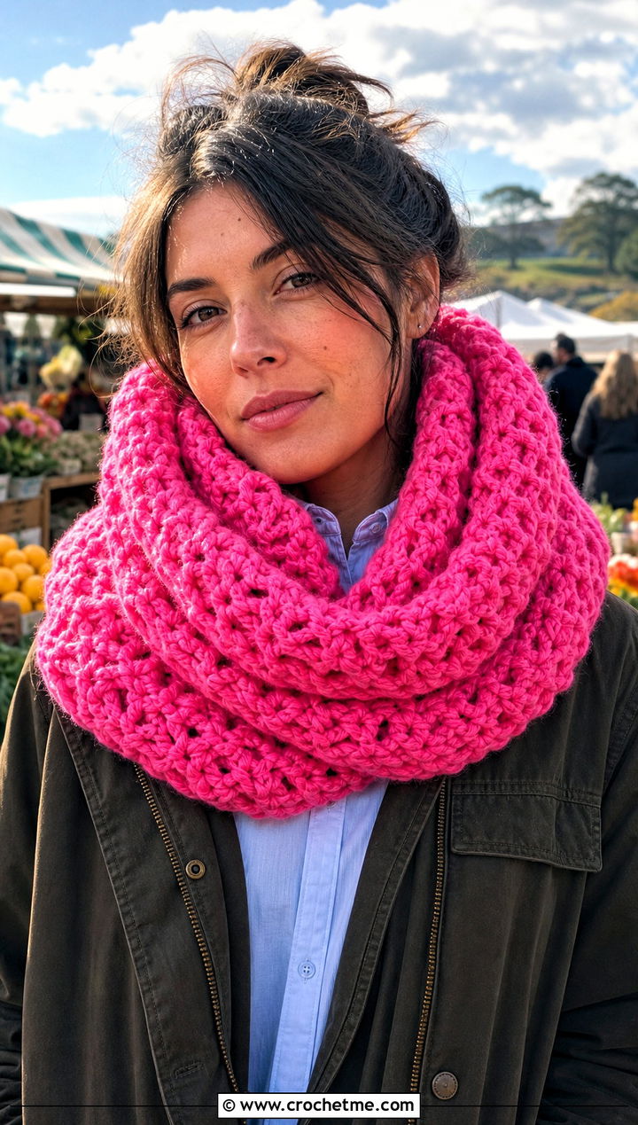 Oversized Crochet Snood Scarf With a Barn Jacket - 25 crochet snood scarf outfit ideas