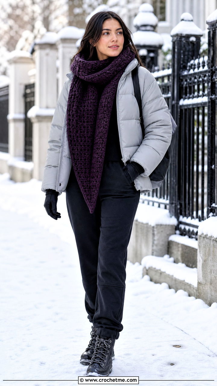 Oversized Crochet Sophie Scarf With Puffer Coat And Winter Boots - 35 crochet sophie scarf outfit ideas