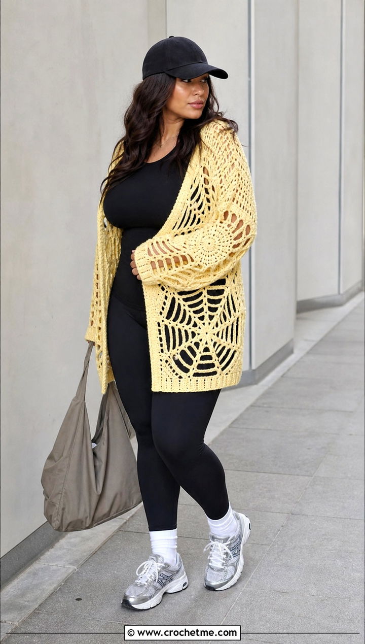 Oversized Crochet Spider Web Cardigan With Leggings - 25 Crochet Spider Web Cardigan outfit ideas