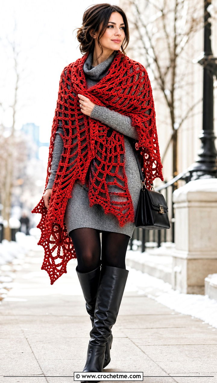 Oversized Crochet Spiderweb Wrap Shawl With Sweater Dress - 30 Crochet Spiderweb Shawl outfit ideas
