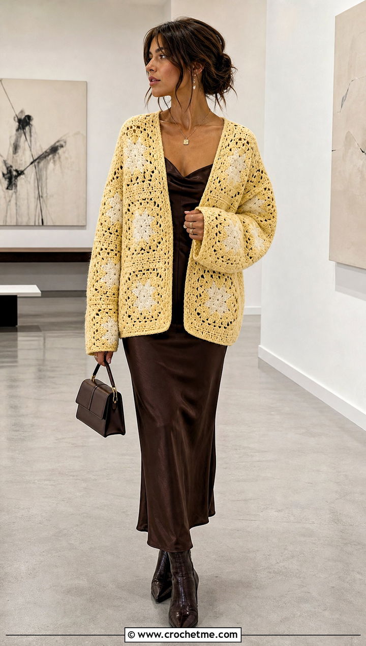 Oversized Crochet Star Granny Square Cardigan With Slip Dress - 25 Crochet Star Granny Square Cardigan outfit ideas