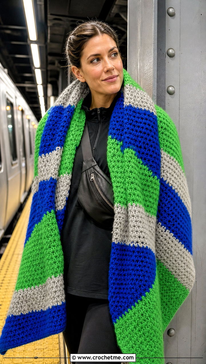 Oversized Crochet Striped Blanket Scarf With Leggings - 25 crochet striped scarf outfit ideas