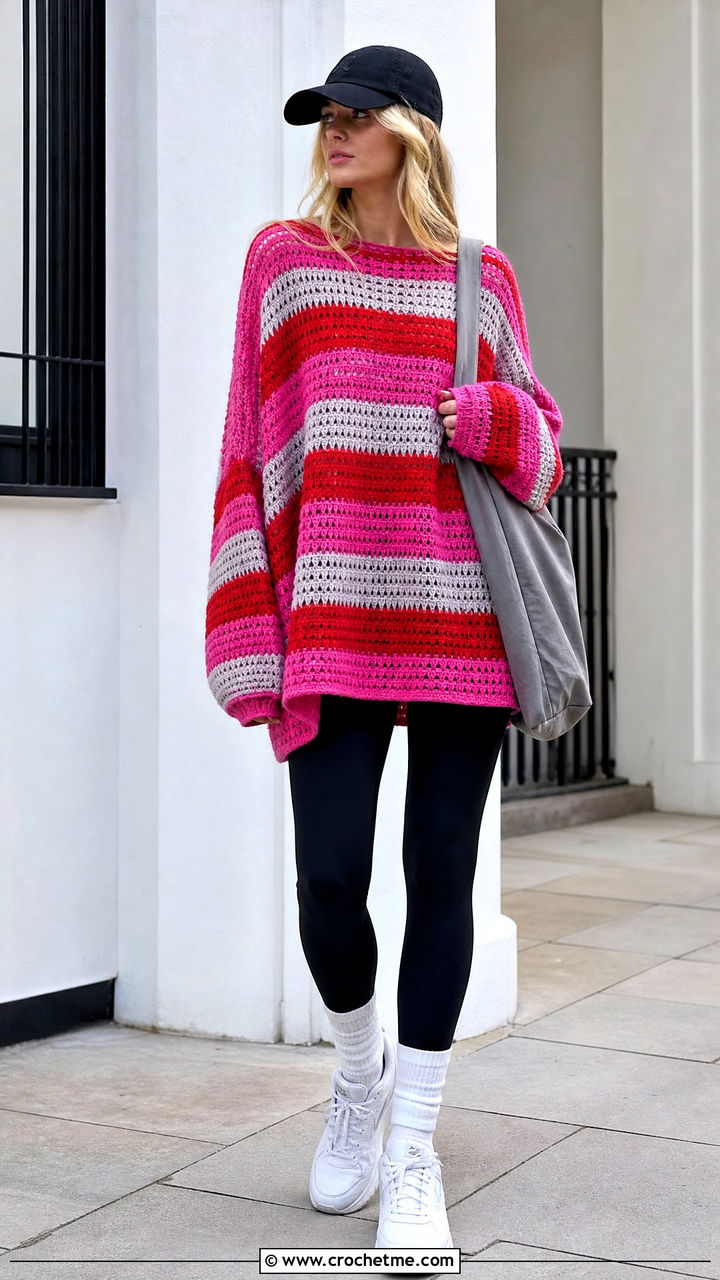 Oversized Crochet Striped Sweater With Leggings - 35 crochet striped sweater outfit ideas