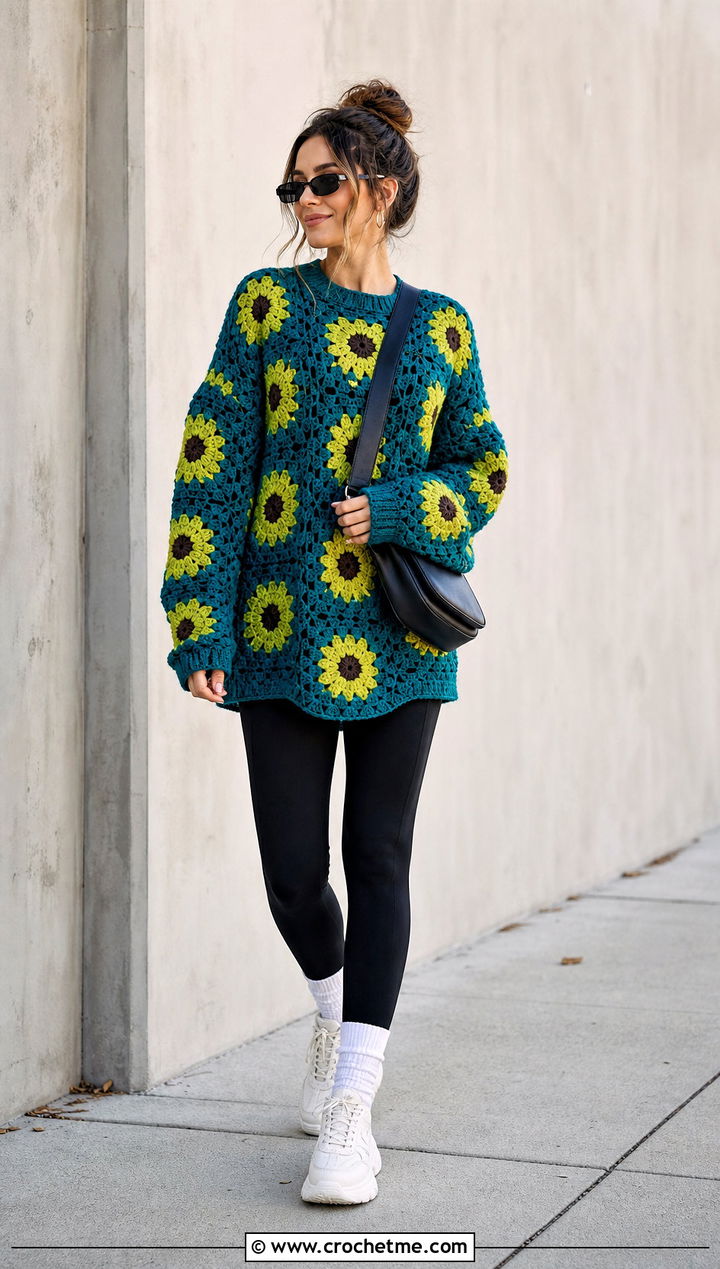 Oversized Crochet Sunflower Sweater With Black Leggings - 35 crochet sunflower sweater outfit ideas