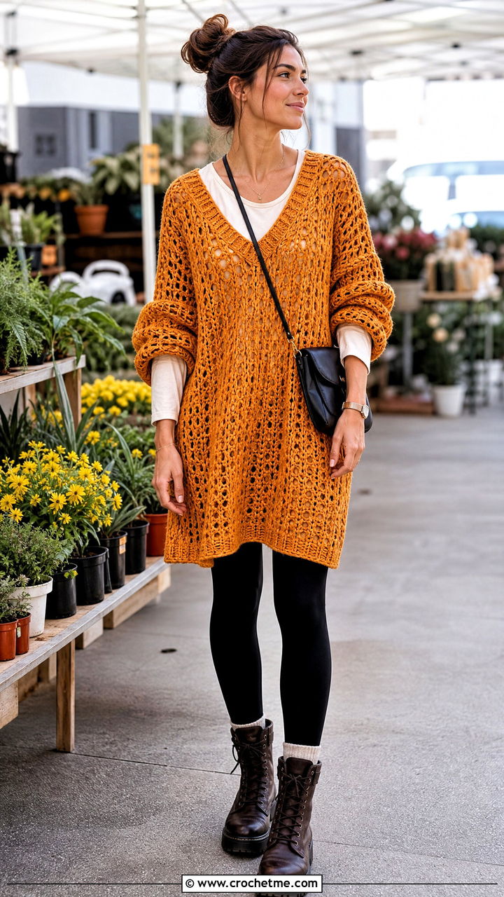 Oversized Crochet Sweater Dress With Leggings And Combat Boots - 35 crochet sweater dress outfit ideas