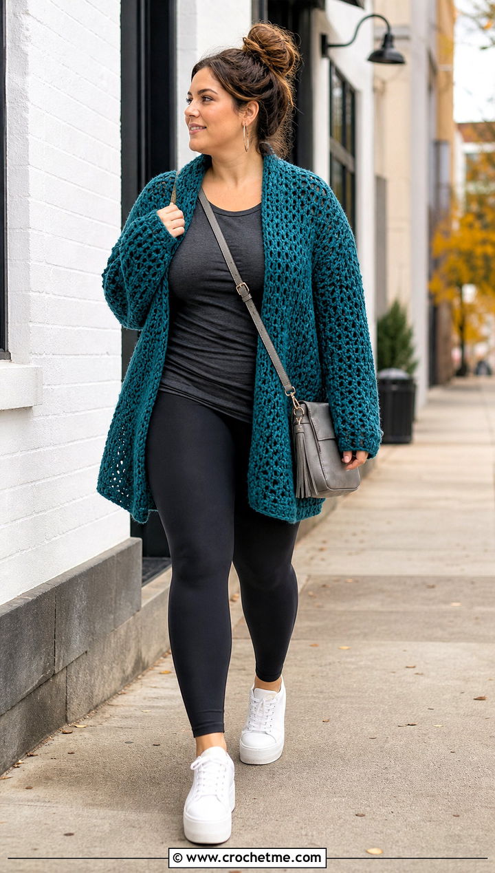 Oversized Crochet Sweater Jacket With Leggings - 20 Crochet Sweater Jacket outfit ideas