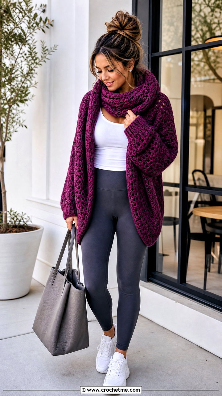 Oversized Crochet Sweater Scarf With Leggings - 35 crochet sweater scarf outfit ideas