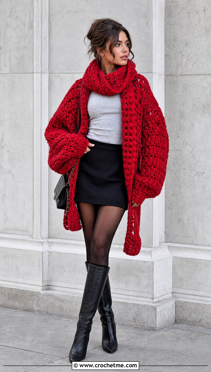 Oversized Crochet Sweater Scarf With Sleeves And Mini Skirt - 25 crochet sweater scarf with sleeves outfit ideas