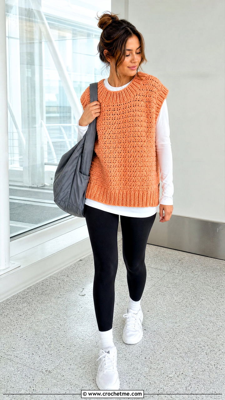 Oversized Crochet Sweater Vest With Leggings - 35 easy crochet vest outfit ideas