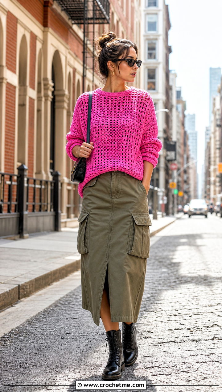 Oversized Crochet Sweater With Cargo Midi Skirt - 30 crochet sweater inspiration outfit ideas