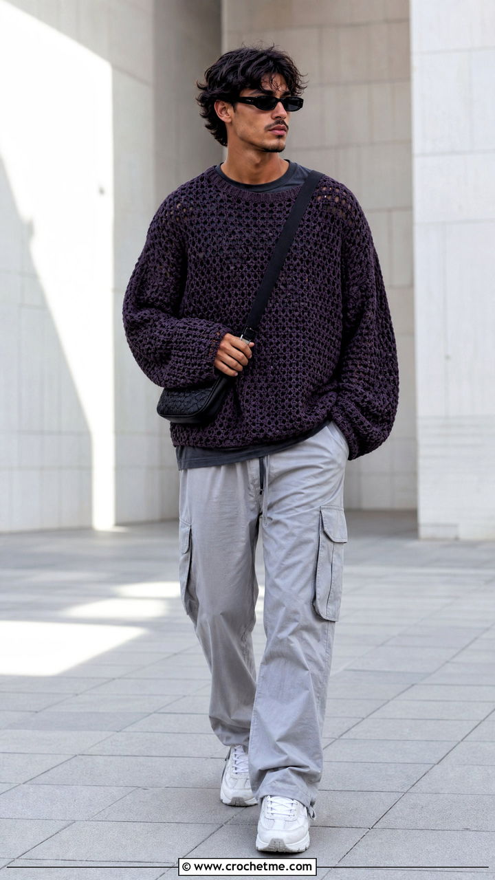 Oversized Crochet Sweater With Cargo Pants - 35 men crochet sweater outfit ideas