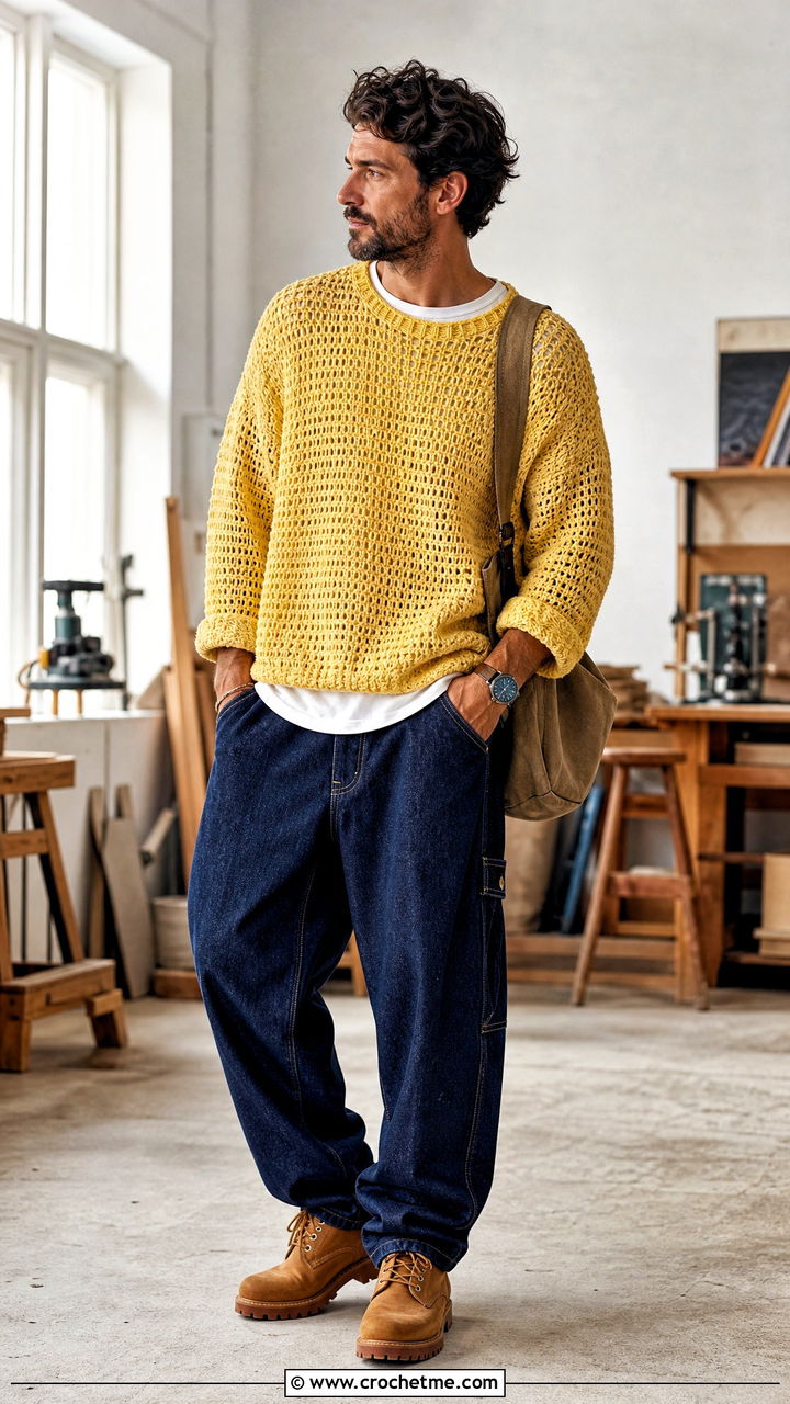 Oversized Crochet Sweater With Carpenter Jeans - 35 crochet sweater for men outfit ideas
