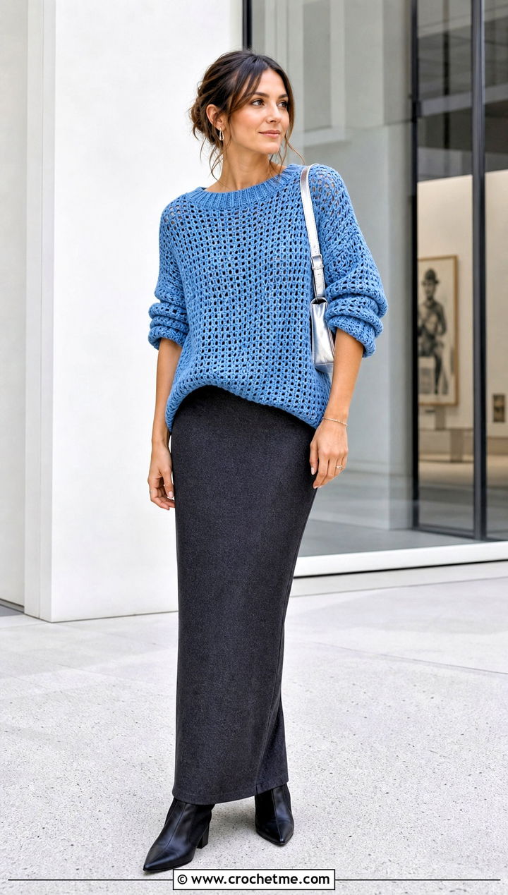 Oversized Crochet Sweater With Column Skirt - 15 Anthropologie Crochet Sweater outfit ideas
