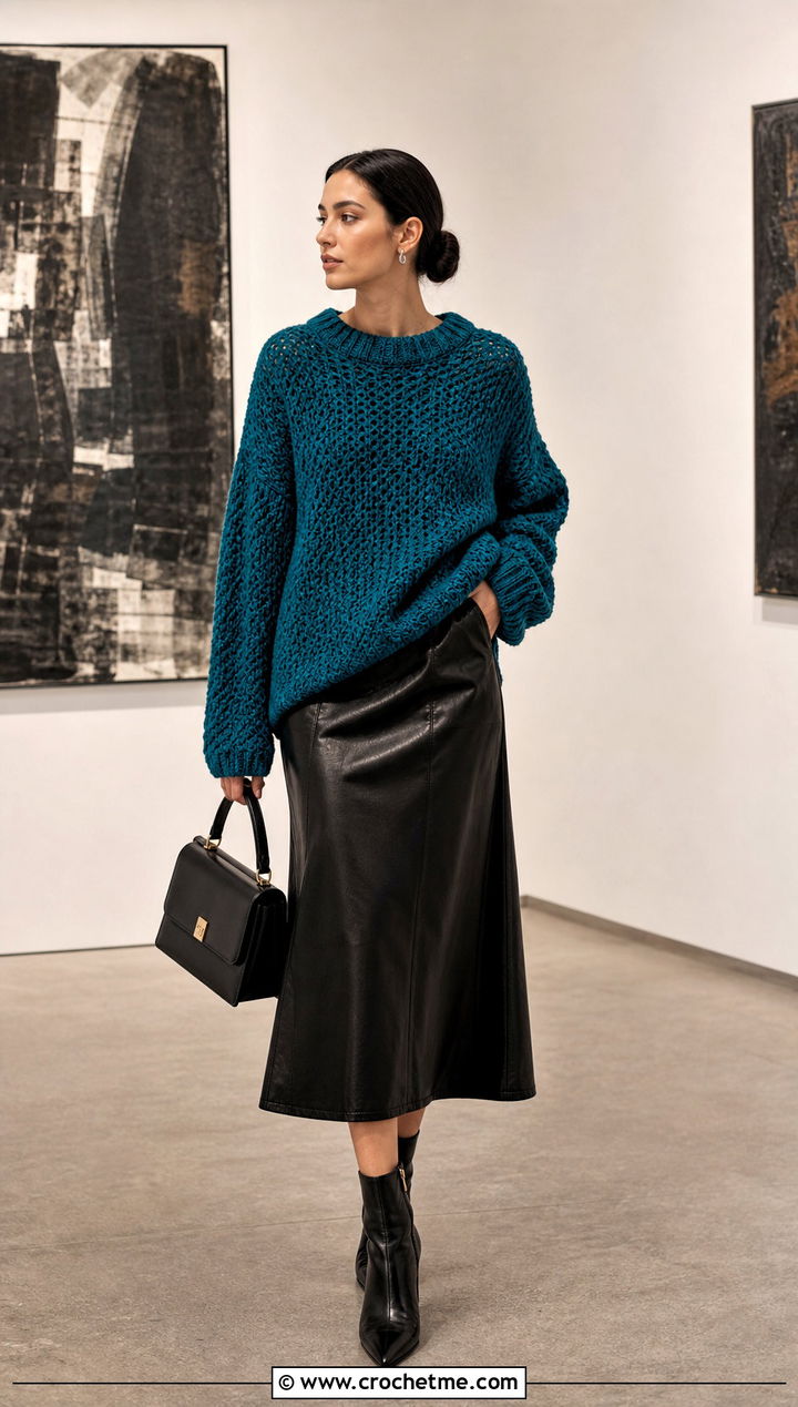 Oversized Crochet Sweater With Leather Midi Skirt - 15 Soft Crochet Sweater outfit ideas