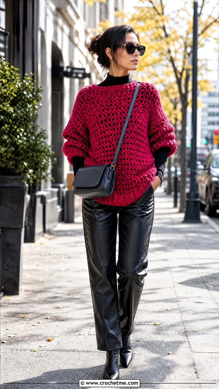 Oversized Crochet Sweater With Leather Pants - 35 crochet clothes for women outfit ideas