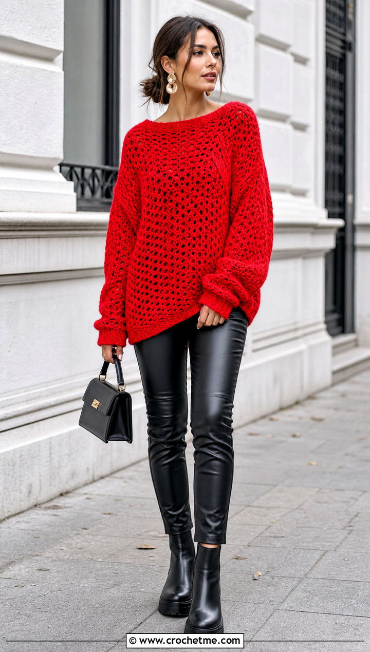 Oversized Crochet Sweater With Leather Pants - 35 crochet sweater women outfit ideas