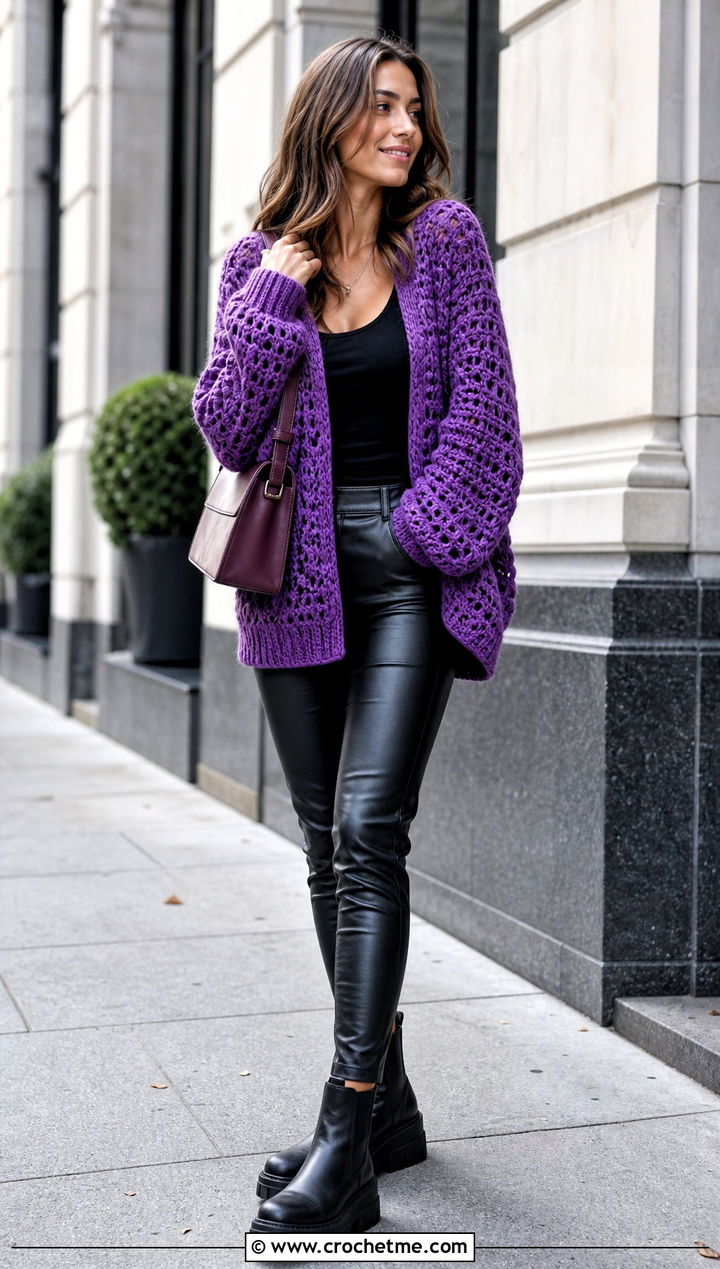 Oversized Crochet Sweater With Leather Pants - 30 unique crochet sweater outfit ideas
