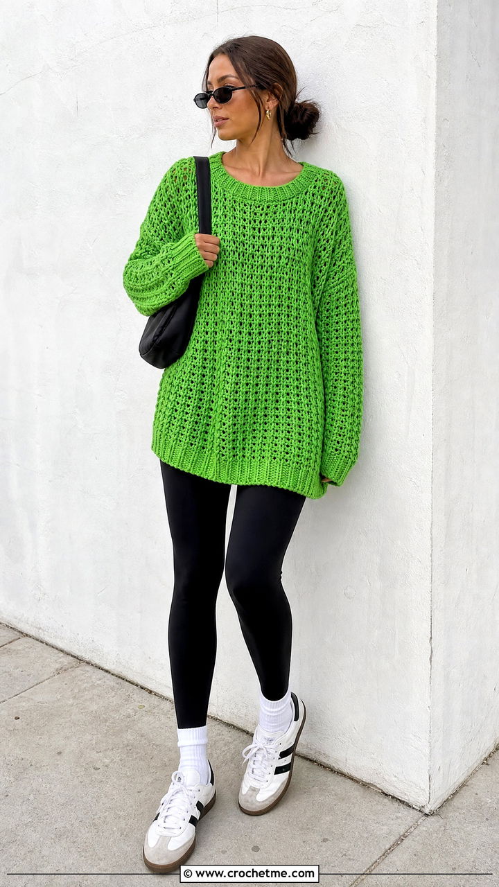 Oversized Crochet Sweater With Leggings - 35 crochet sweaters women outfit ideas