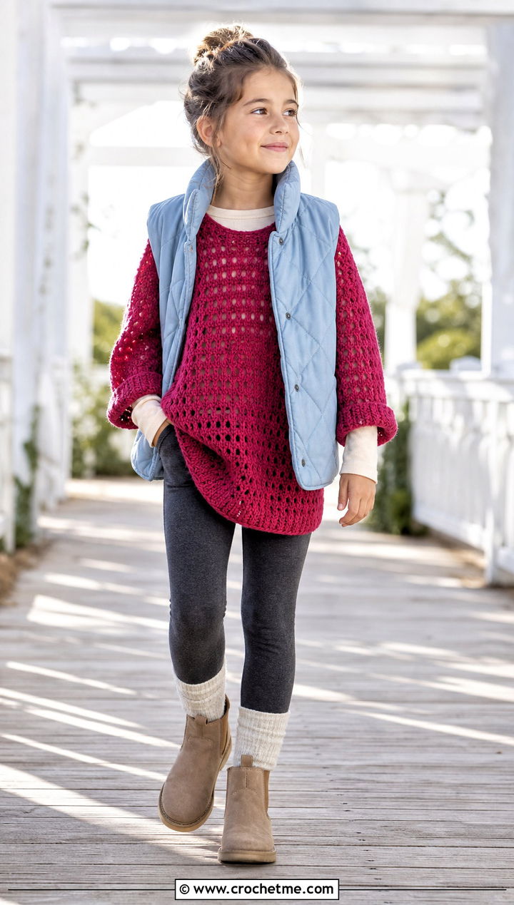Oversized Crochet Sweater With Leggings And Boots - 15 Crochet Childs Sweater outfit ideas